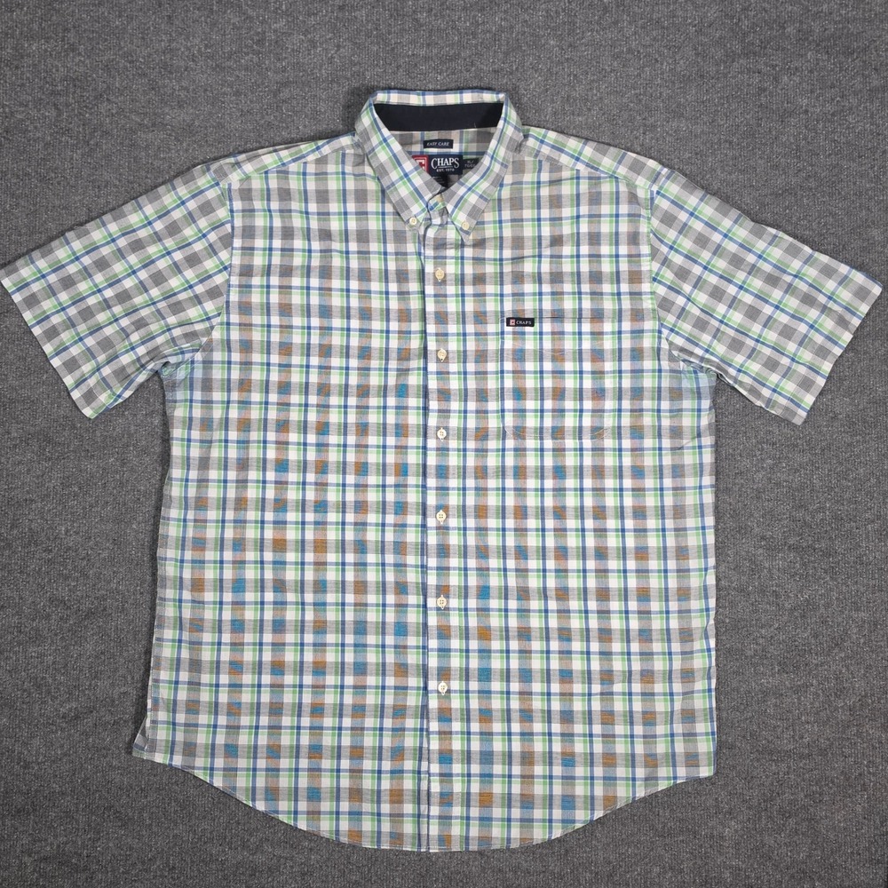 Chaps Mens XL Short Sleeve Button Down Shirt Green Blue Plaid Easy Care 71502R